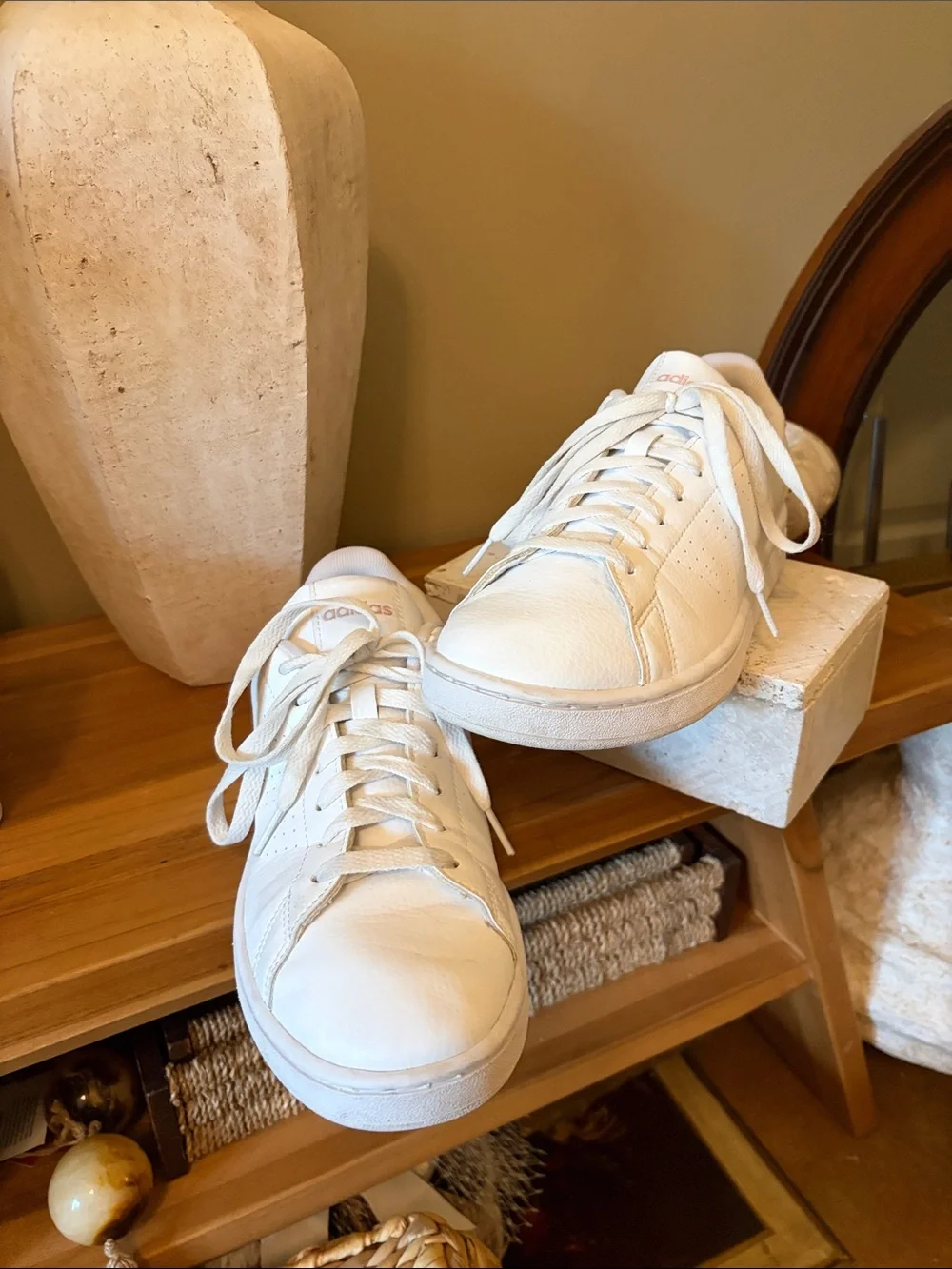 adidas White Leather Low-Top Sneakers with Subtle Gold Logo